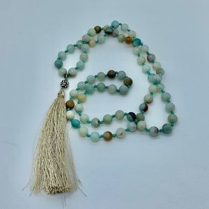 Turquoise Glass Bead Necklace with Cream Tassel